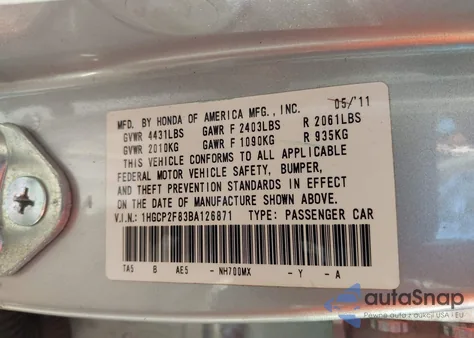 2011 Honda Accord 2.4 Ex-L from USA, damaged, VIN 1HGCP2F83BA126871